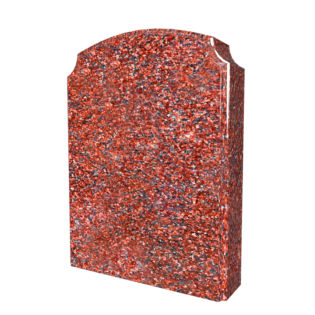 Red granite headstone with curved top, isolated on white.