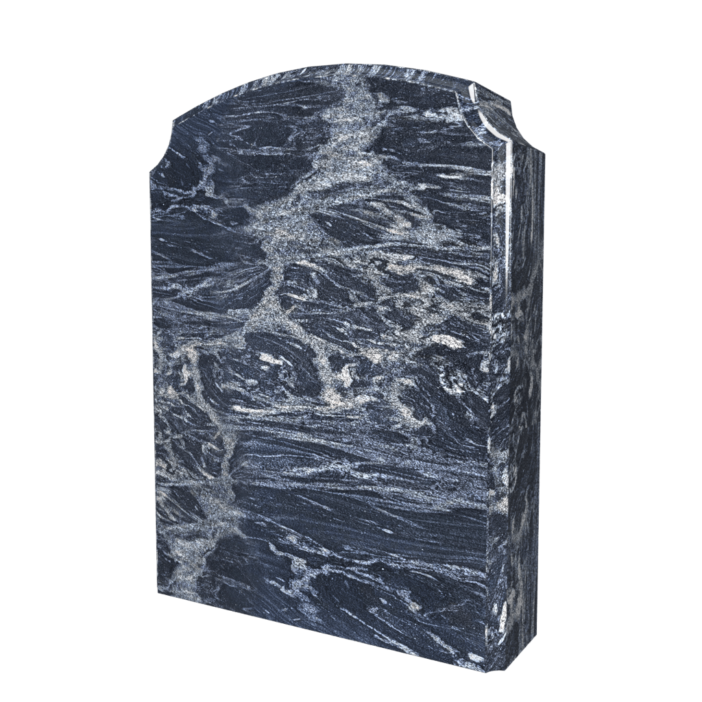 Dark stone headstone with arched top, veined with white.