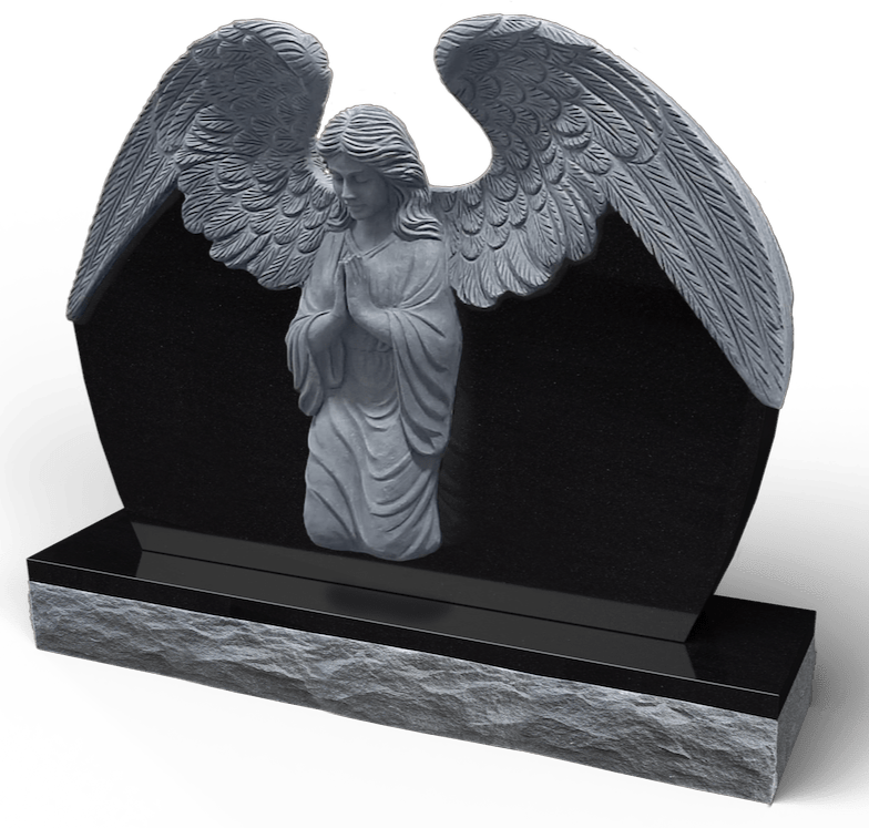 Black granite headstone with carved angel, praying, against a dark background, set on a textured stone base.