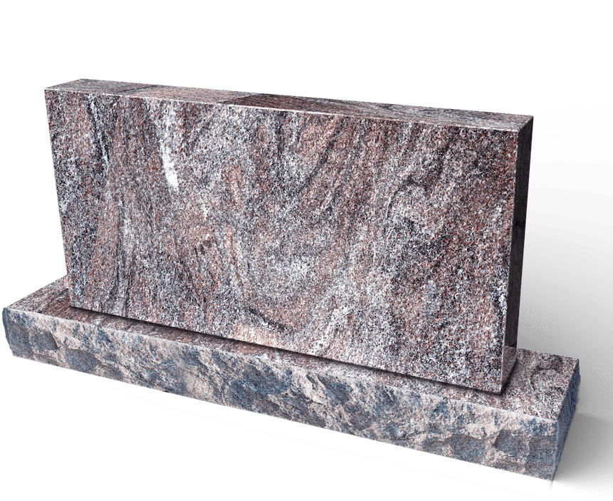 A granite headstone, rectangular, with a rough texture, sits on a matching base.