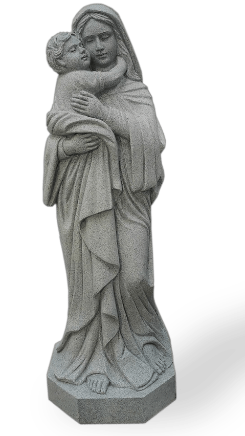 Statue of Mary holding baby Jesus, made of gray stone, standing on a hexagonal base.