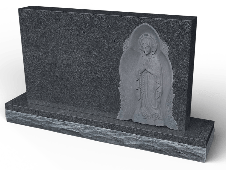 Gray granite tombstone with a carved image of the Virgin Mary.