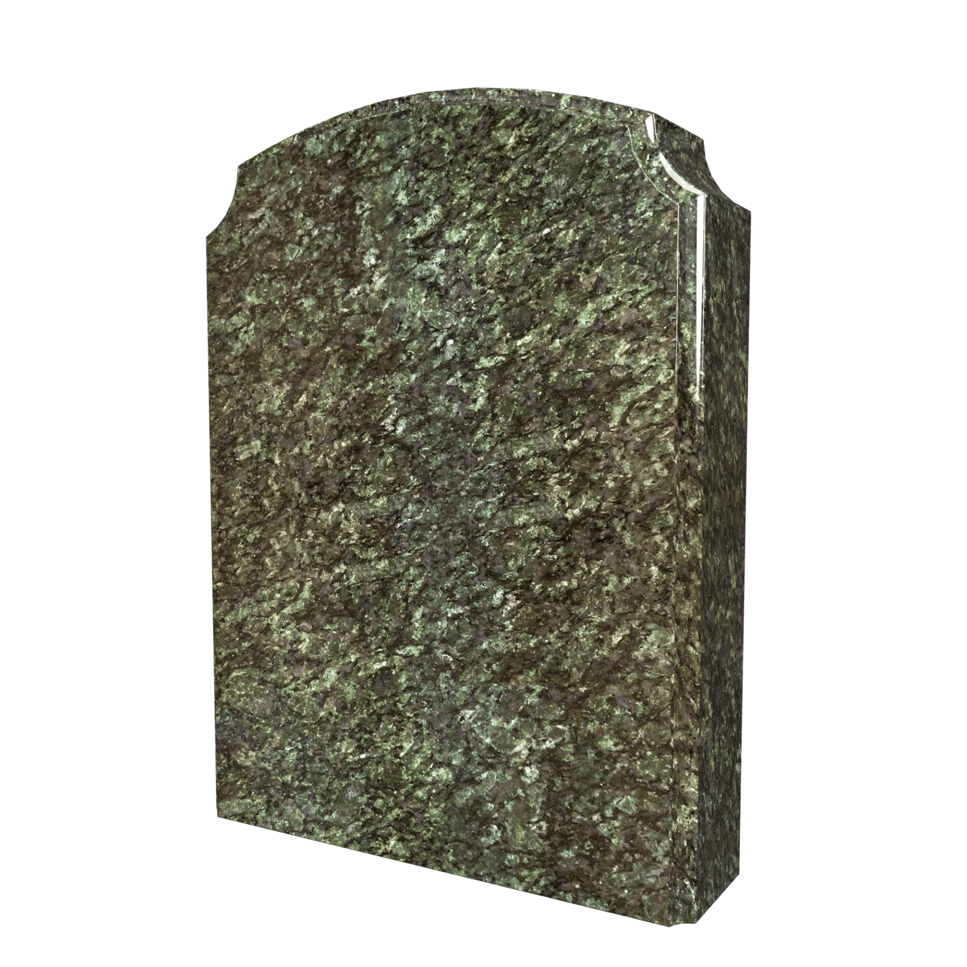 Green granite tombstone with an arched top, set against a white background.