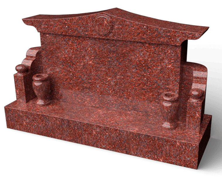 Red granite tombstone with decorative urns and peaked top.