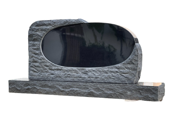 Gray granite headstone with a black oval inset.