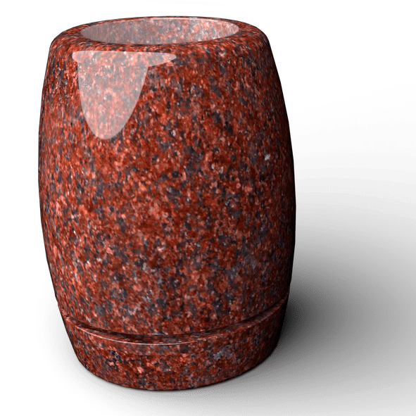 Red granite cylindrical vase with a shiny, reflective interior.