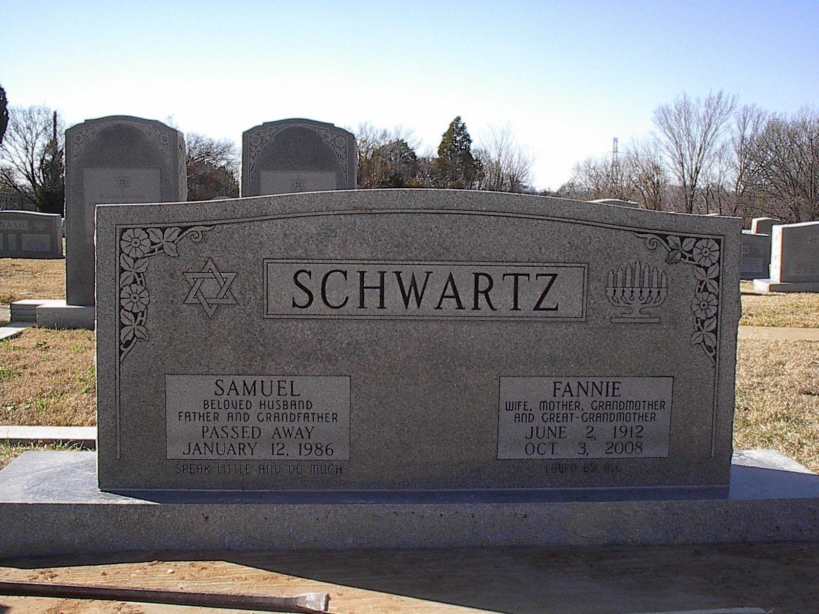 Gravestone for Samuel and Fannie Schwartz, with dates and Star of David.