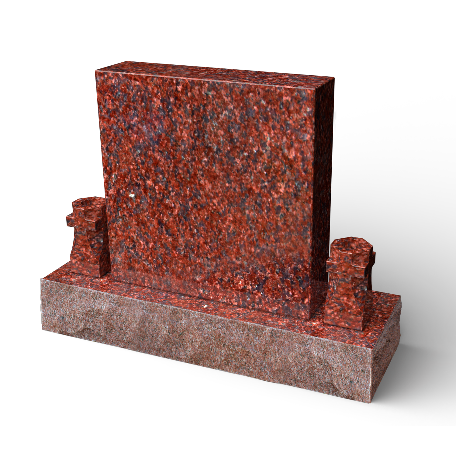 Red granite headstone, rectangular with small side pillars, set on a lower base.