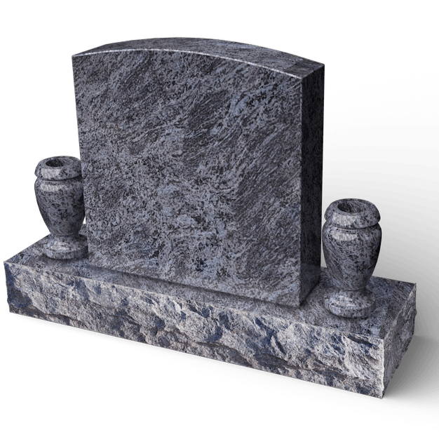 Granite headstone with curved top, two urns, and a base.