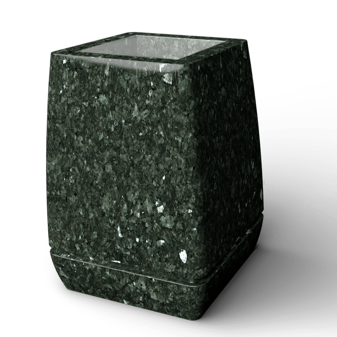 Dark green granite pen holder, square-shaped with a slightly flared top, sits on a white surface.