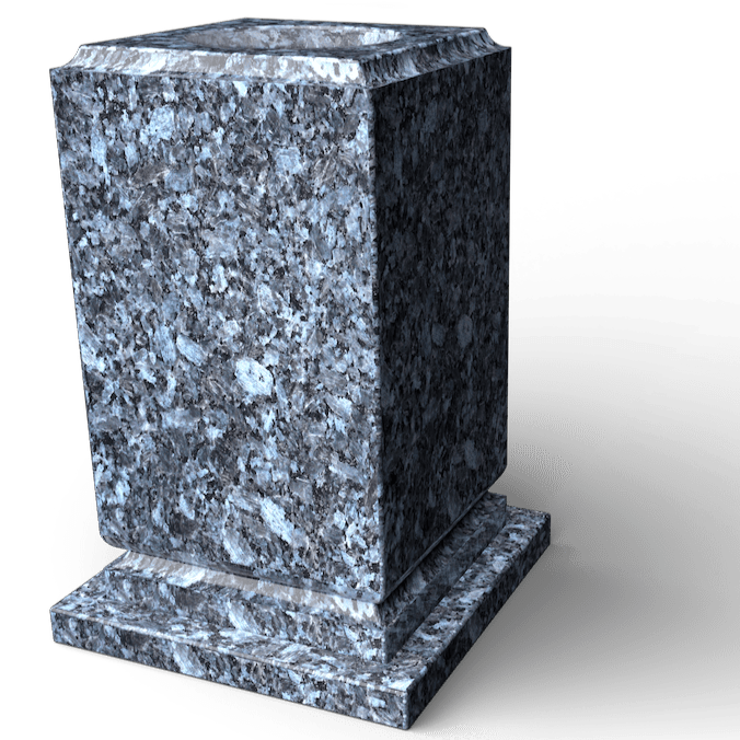 Blue granite headstone. Rectangular, with a square base and a receptacle on top.