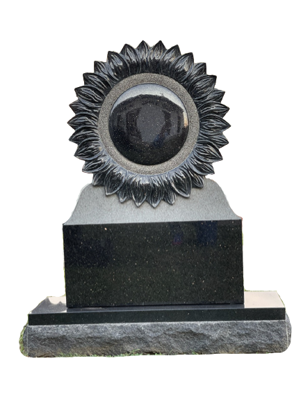 Black granite headstone with a sunflower design.
