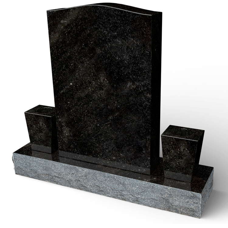 Black granite headstone with a central upright slab and two attached flower vases on a gray base.