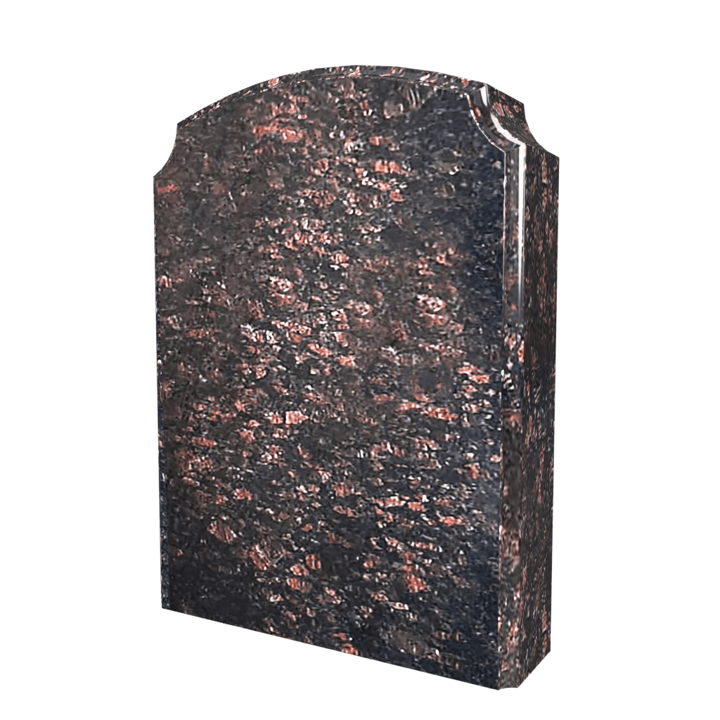 Dark brown and bronze granite headstone with arched top, outdoors.