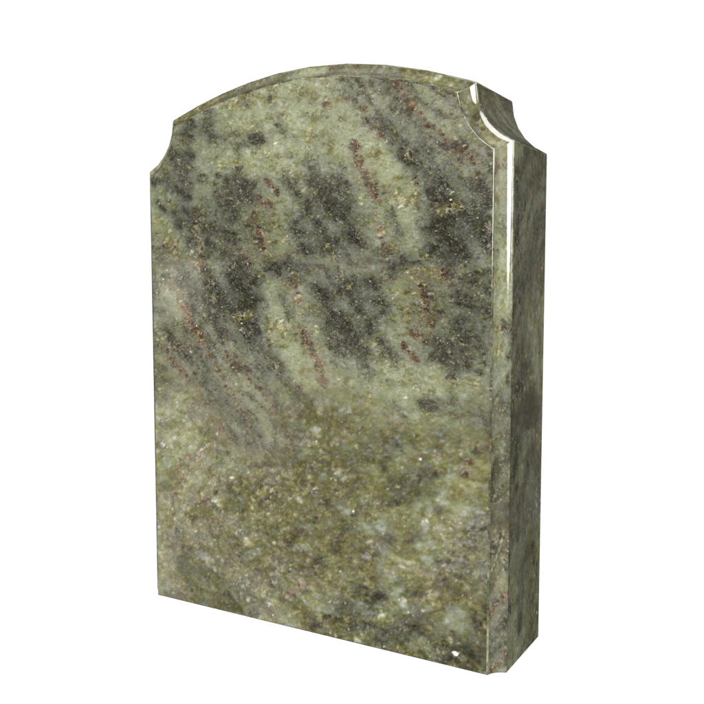 Gravestone, green and gray marble, rounded top.