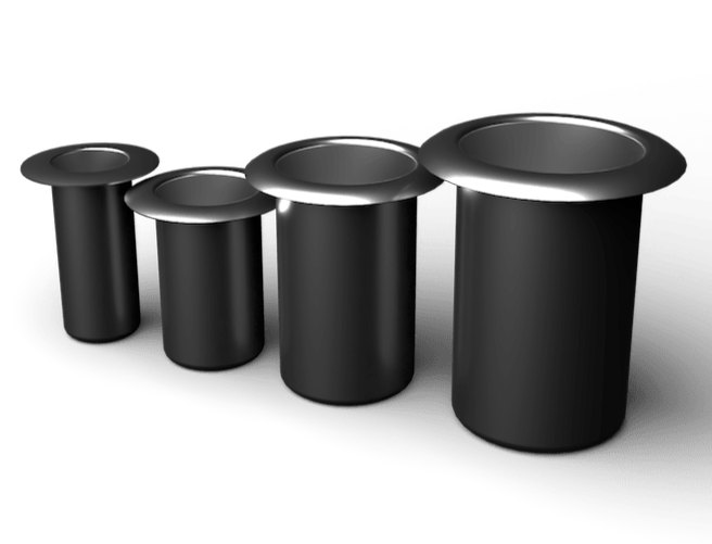 Four black metal grommets of varying sizes against a white background. Each has a silver rim.
