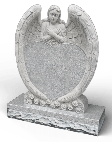 Granite angel headstone with a heart-shaped blank space, wings, and floral base.