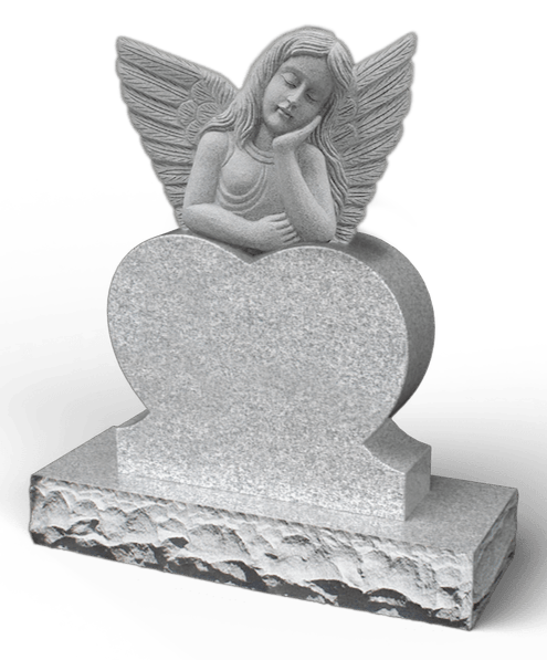 Tombstone with heart-shaped center and sculpted angel resting chin on hand; gray stone.