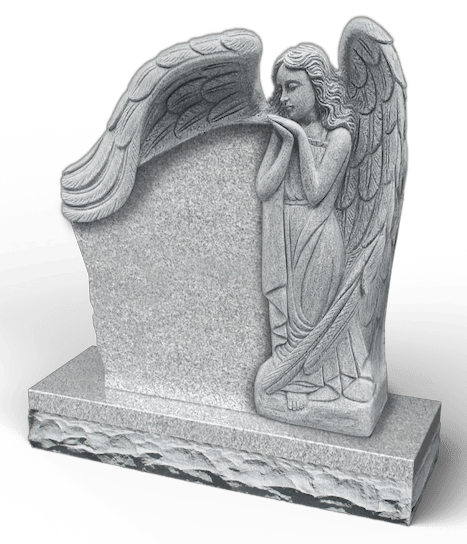 Gravestone with sculpted angel, light gray stone, blank inscription area.