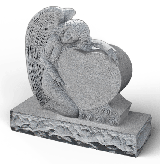 Gray angel statue kneeling, embracing a heart-shaped stone on a rocky base.