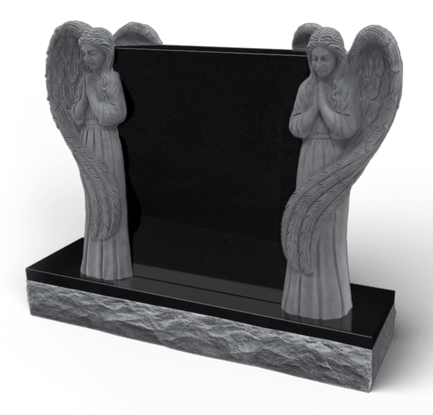 Black granite tombstone with praying angel statues on either side.