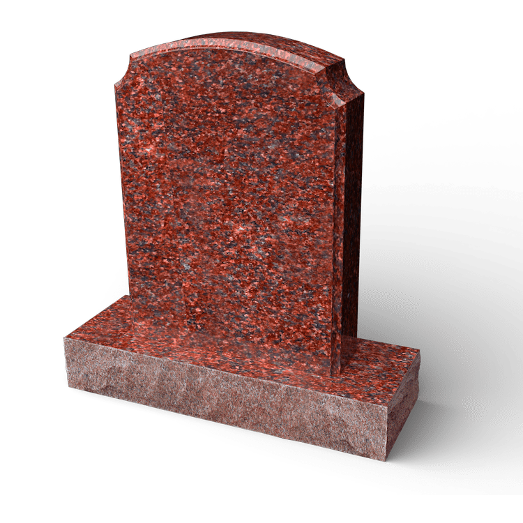 Red granite headstone with a curved top, on a rectangular base.