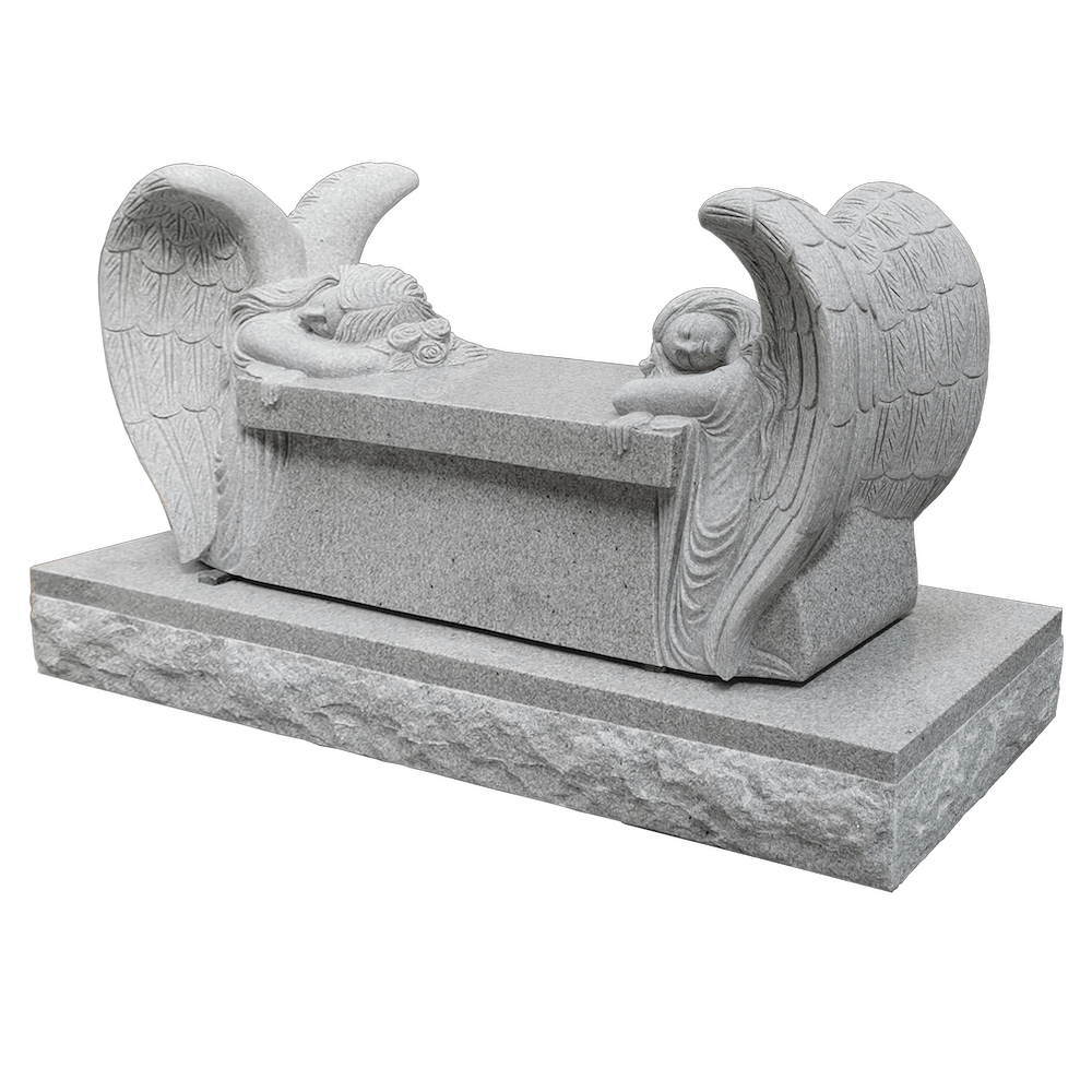 Gray granite angel headstone with two angels cradling a rectangle on a stone base.