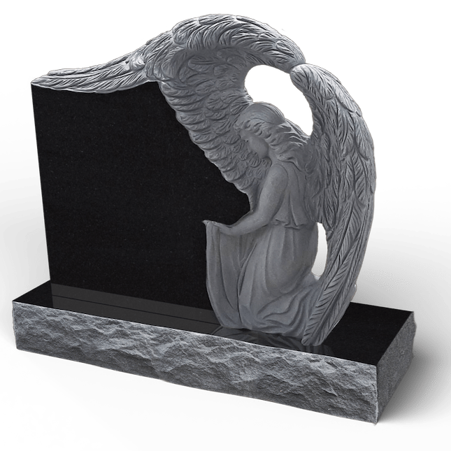 Black granite headstone with gray angel sculpture.