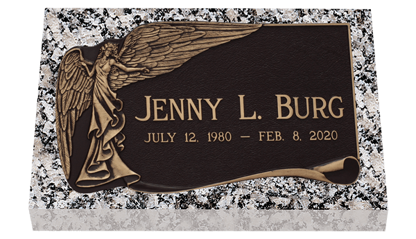 Bronze memorial plaque with angel relief and inscription 