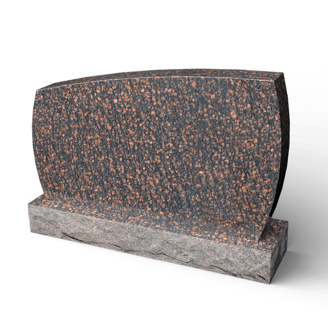 Brown and gray granite headstone. Rectangular with rounded top, set on a rough-hewn base.
