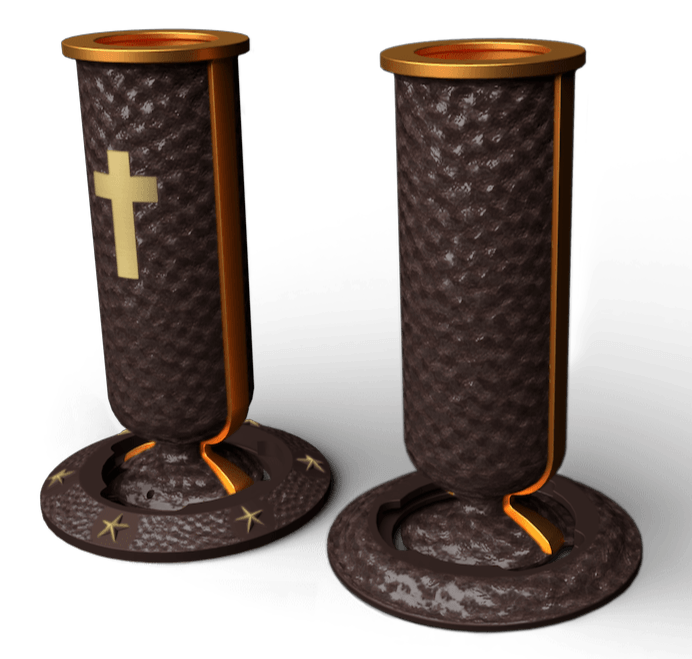 Two brown vases, one with gold cross, on circular bases with gold trim.