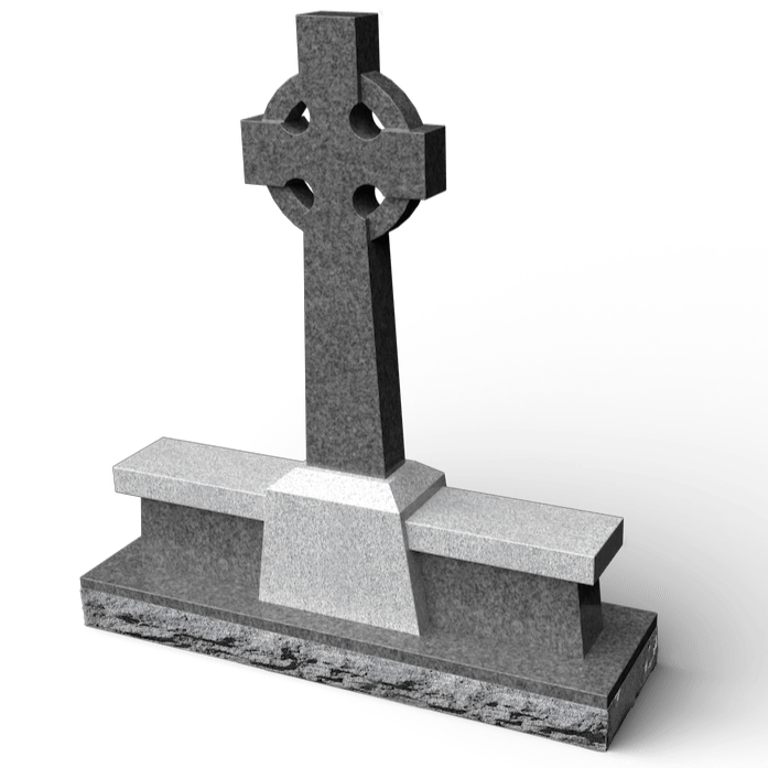 Celtic cross headstone on a rectangular base; grey granite.