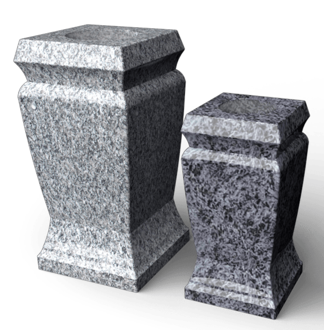 Two gray granite urns of different sizes, with square tops and bases, tapering bodies.