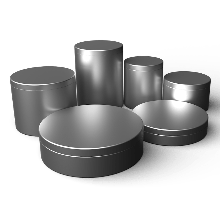 Six cylindrical metal objects of varying sizes, arranged on a white surface.