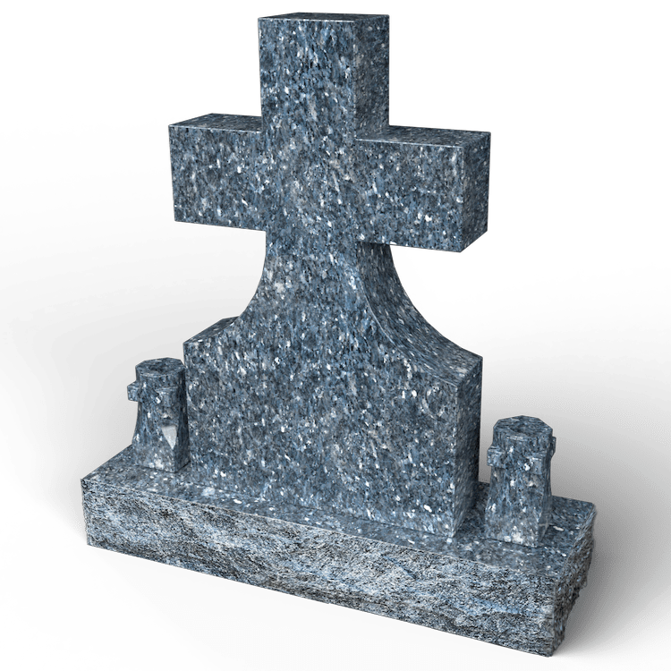 Granite cross-shaped tombstone with a textured surface, resting on a base, with two decorative features on either side.