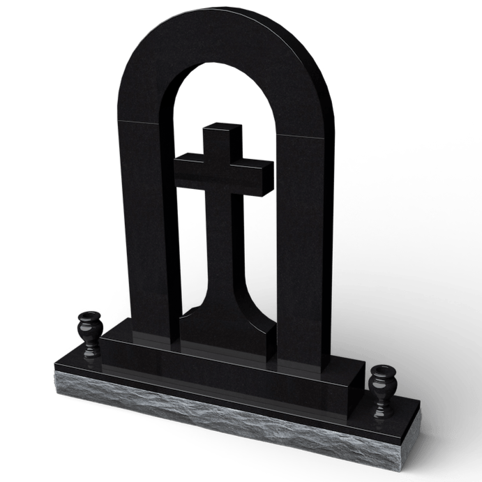 Black granite tombstone with an arch, cross, and decorative vases.