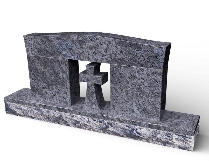 Gray granite tombstone with cross cutout.