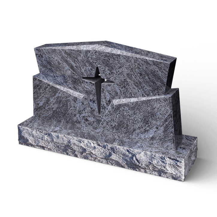 Gray granite headstone with a cross-shaped cutout, set on a layered base.