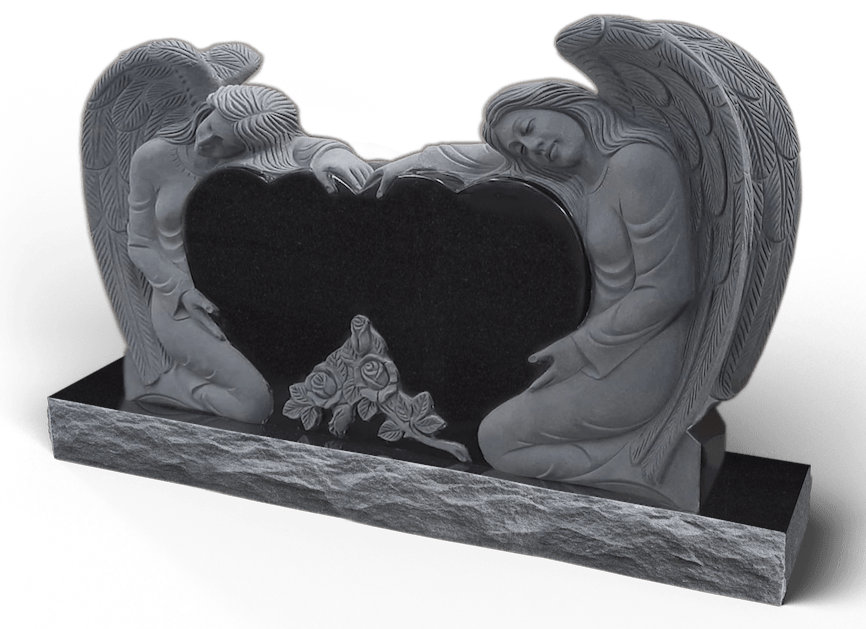 Gray angel headstone with two kneeling angels flanking a black heart-shaped center.