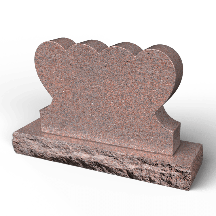 Pink granite headstone with heart-shaped top on a matching rectangular base.