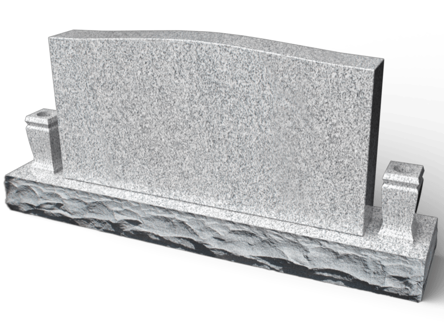 Gray granite headstone with sloped top and rough-hewn base and side pillars.