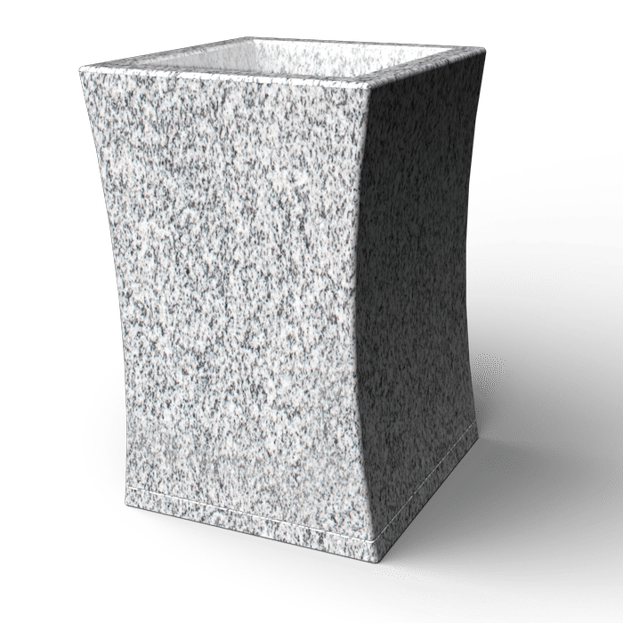 Gray granite planter with a square top and a slightly curved shape.
