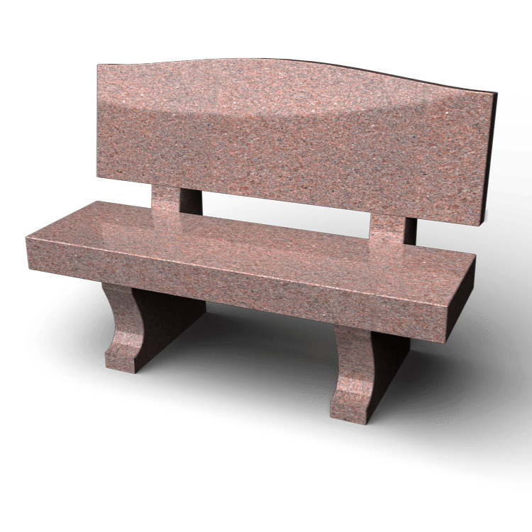 Pink granite bench with backrest and two supporting legs, outdoors.
