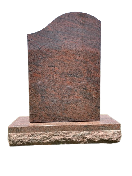 Red granite tombstone with a curved top, on a light brown base.