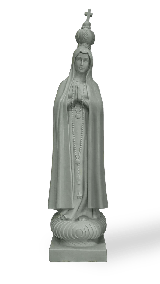 Statue of the Virgin Mary in gray, wearing a crown and cape, standing on a pedestal, hands clasped in prayer.