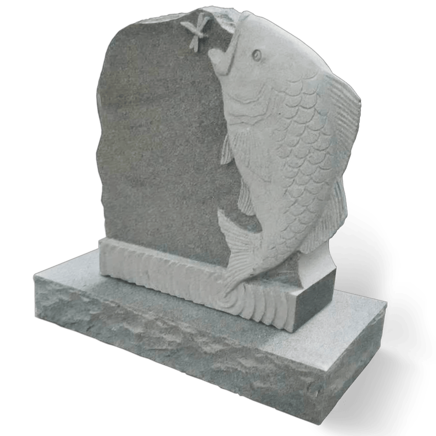 Gray granite headstone with carved fish leaping for a dragonfly.