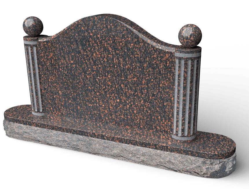 Granite headstone with curved top, two columns, and sphere accents, brown speckled finish.