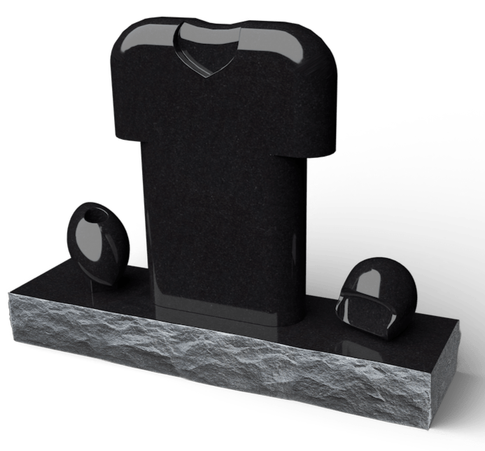 Black granite football-themed memorial, with a helmet, football, and a jersey-shaped headstone with a heart cutout.