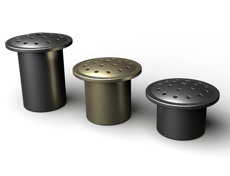 Three metal vents with perforated tops; varying heights and colors: black, brass, and dark gray.