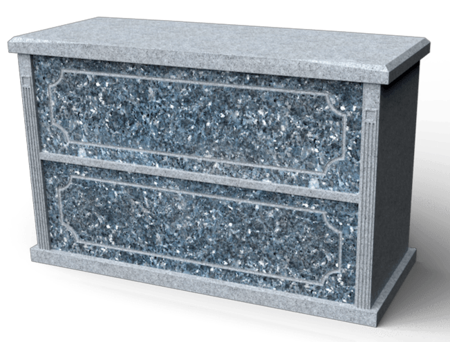 Blue granite mausoleum with two recessed panels.